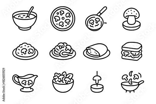 Mushroom Dish Icons. Mushroom Dishes. Line icon set of Mushroom Dishes: mushroom soup, mushroom pizza, sauteed mushrooms, stuffed mushroom, mushroom risotto,