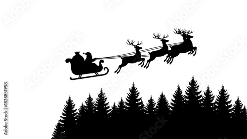 Santa Claus riding his sleigh pulled by reindeer over a dark forest silhouette during the night