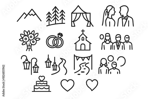 Alpine Wedding Icons. Alpine Wedding. Line icon set of Alpine Wedding: mountain ridge, pine forest, wedding tent, bride and groom silhouette, wedding bouquet,