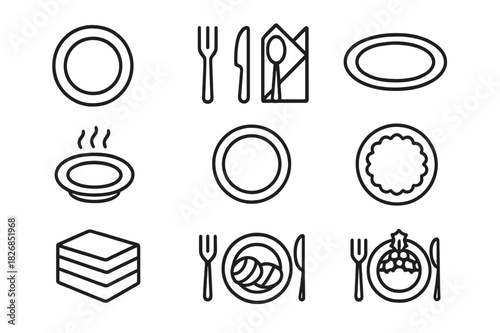 Dinner Plate Icons. Dinner plate elements. Line icon set of dinner plate elements: full plate, fork and knife, spoon and napkin, round plate, oval platter,