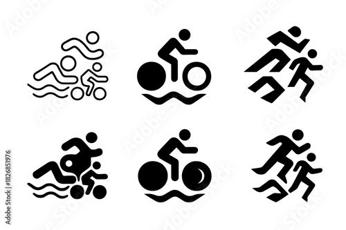 Triathlon Logo Variations. Triathlon. Icon set. Set Logo of triathlon: swim, bike, and run icons combined. harmonious logo variations of the same emblematic