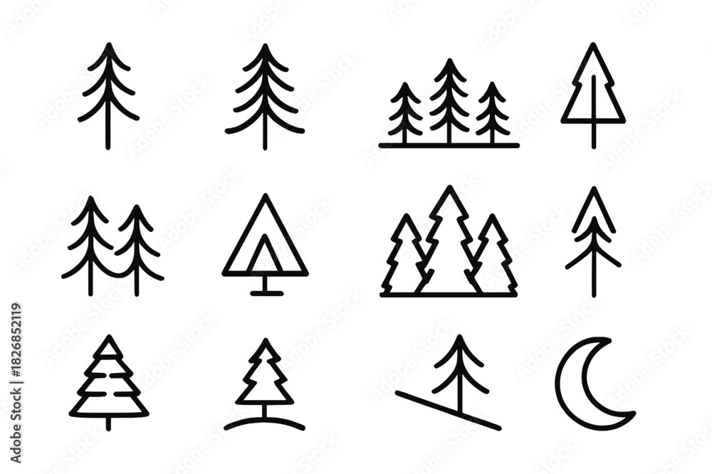 Obraz premium Pine Silhouette Icons. Pine silhouettes. Line icon set of pine silhouettes: tall pine, wide pine, forest edge, single tree, double trees, triangle shape,
