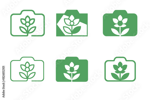 Nature Photoshoot Logos. May photoshoot in nature. Icon set. Set Logo of nature photoshoot: spring camera composition. harmonious logo variations of the same