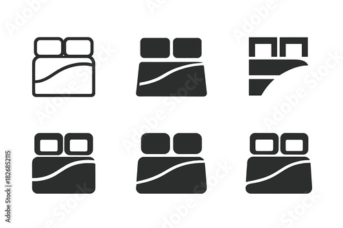 Bedmaking Logo Variations. Making the bed for the night. Icon set. Set Logo of making the bed for the night: neatly arranged pillows and blanket. harmonious