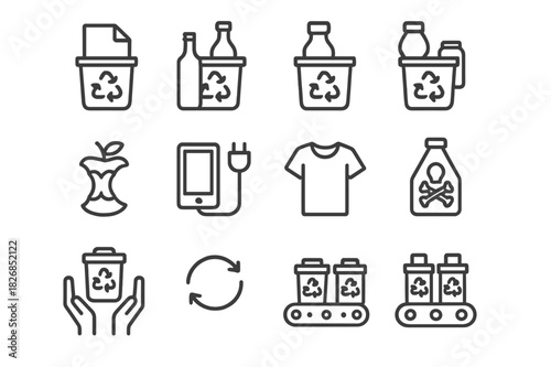 Waste Sorting Icons. Waste sorting. Line icon set of waste sorting: paper, glass, plastic, metal, organic waste, electronics, clothing, hazardous waste, bins,