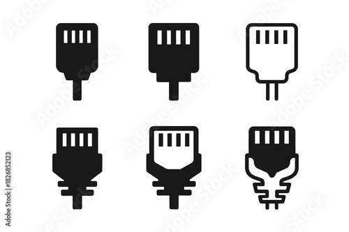 Network Cables Logos. Network cables. Icon set. Set Logo of network cables: RJ45 connector. harmonious logo variations of the same emblematic concept, each