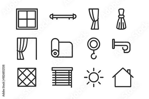 Curtain Icon Set. Interior curtains. Line icon set of interior curtains: window, curtain rod, tieback, tassel, sheer drape, fabric roll, ring hook, bracket,
