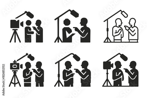 Director's Guidance Icons. A director giving feedback to an actor on their performance. Icon set. Set Logo of a director giving feedback to an actor on their
