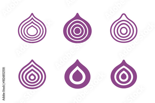 Onion Logo Variations. Onion. Icon set. Set Logo of onion: sliced onion layers. harmonious logo variations of the same emblematic concept, each with different