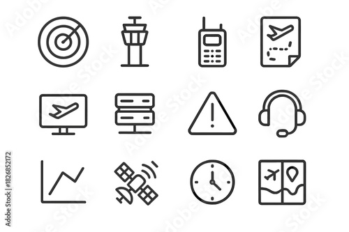 Air Traffic Icons. Air Traffic Control. Line icon set of Air Traffic Control: radar, control tower, communication radio, flight plan, monitor, server, alert,