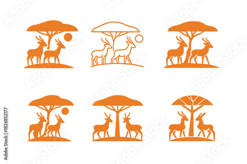 Savanna Icon Set. Savanna ecosystems. Icon set. Set Logo of Savanna ecosystems: Herd of antelope. harmonious logo variations of the same emblematic concept