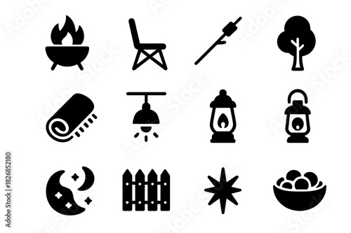 Backyard Campfire Icons. Backyard Campfire. Solid icon set of Backyard Campfire: fire pit, folding chair, marshmallow stick, drink cup, blanket, patio light,