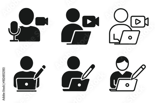 Content Creator Logos. Content creators making videos or writing blogs. Icon set. Set Logo of Content creators making videos or writing blogs: Live streaming