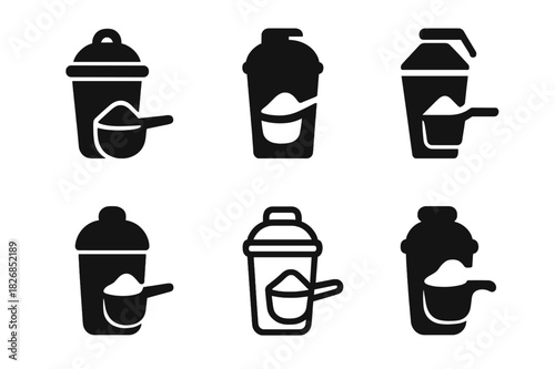 Protein Shaker Icons. Protein Shaker. Icon set. Set Logo of Protein Shaker: protein scoop and shaker combo. harmonious logo variations of the same emblematic