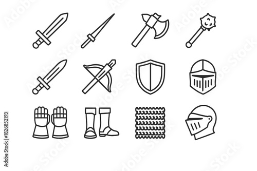 Knight Weapon Icons. Knight Weaponry. Line icon set of Knight Weaponry: sword, lance, battle axe, mace, dagger, crossbow, shield, helmet, gauntlets, boots,