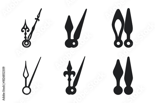 Elegant Clock Hands. Clock hands. Icon set. Set Logo of Clock hands: Elegant vintage hands. harmonious logo variations of the same emblematic concept (Stylized