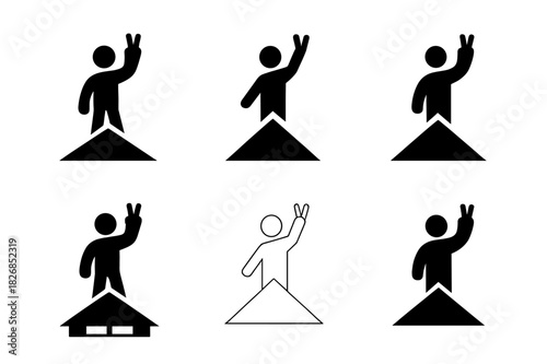 Rooftop Activist Logos. Activist on rooftop. Icon set. Set Logo of activist on rooftop: Figure raising peace sign on roof. harmonious logo variations of the