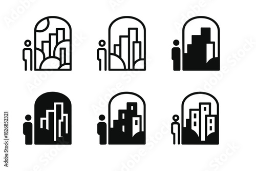Outdoor Mural Icons. Outdoor mural. Icon set. Set Logo of outdoor mural: city art installation. harmonious logo variations of the same emblematic concept, each