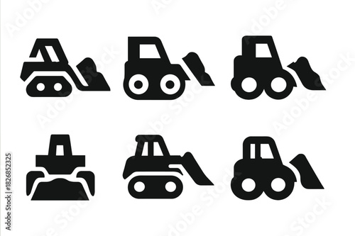 Bulldozer Logo Variations. Bulldozer. Icon set. Set Logo of bulldozer: bulldozer pushing dirt. harmonious logo variations of the same emblematic concept