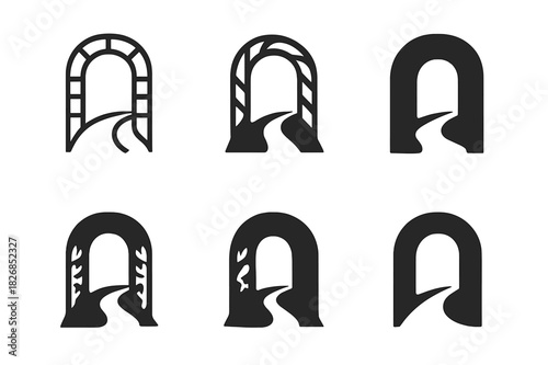 Garden Path Logos. Garden path. Icon set. Set Logo of garden path: archway over walkway. harmonious logo variations of the same emblematic concept, each with