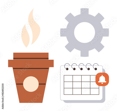 Coffee cup steaming, gear for workflow, and calendar with notification. Ideal for time management, productivity, scheduling, organization, business strategy, office culture simple flat metaphor
