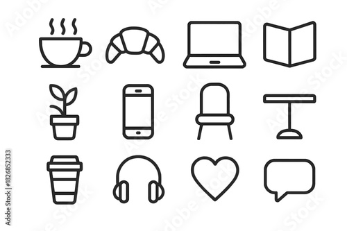 Coffee Shop Icons. Coffee shop hangout. Line icon set of coffee shop hangout: coffee cup, croissant, laptop, book, plant, phone, chair, table, to-go cup,