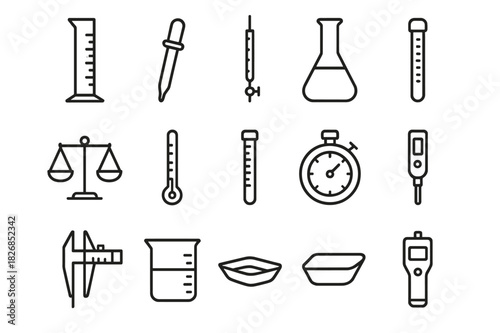 Essential Measurement Tools. Measurement tools. Line icon set of measurement tools: graduated cylinder, pipette, burette, volumetric flask, balance scale,