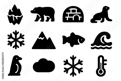 Arctic Icon Set. Arctic habitat. Solid icon set of arctic habitat: iceberg, polar bear, igloo, seal, snowflake, mountain, fish, wave, penguin, cloud, ice