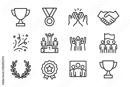 Winning Team Icons. Winning Team. Line icon set of Winning Team: trophy, medal, high five, handshake, confetti, podium, cheering crowd, team flag, laurel