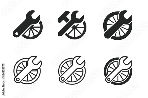 Bicycle Repair Icons. Fixing a bicycle. Icon set. Set Logo of fixing a bicycle: Wrench and bicycle wheel. harmonious logo variations of the same emblematic