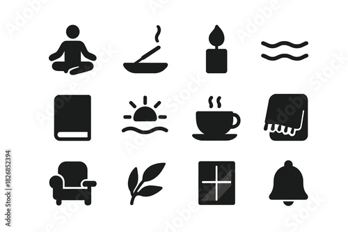 Calm Icons Set. Calm mood. Solid icon set of Calm mood: meditating figure, incense stick, candle flame, soft wave, quiet book, sunrise, cup of tea, cozy