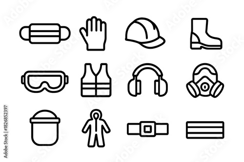 PPE Icon Set. Personal protective equipment. Line icon set of personal protective equipment: face mask, gloves, helmet, safety boots, goggles, vest, ear