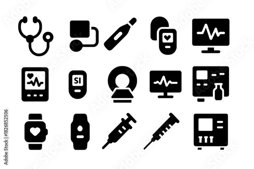 Medical Devices Icons. Medical devices. Solid icon set of Medical devices: stethoscope, blood pressure cuff, thermometer, ECG machine, tablet, pulse oximeter,