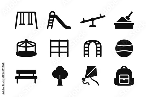 Playground Icons Grid. Playground Icons. Solid icon set of swing, slide, seesaw, sandbox, merry-go-round, jungle gym, climbing frame, ball, bench, tree, kite,