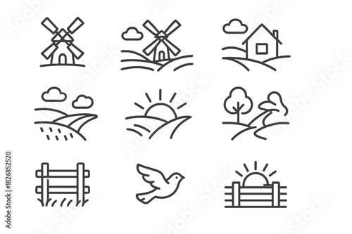Windmill Icon Set. Windmill in Field. Line icon set of Windmill in Field: traditional windmill, rotating blades, countryside landscape, grassy field, rolling