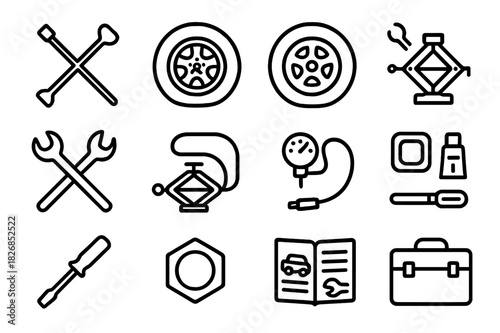 Automobile Repair Icons. Automobile Repair Kit. Line icon set of Automobile Repair Kit: tire iron, flat tire, spare tire, jack, wrench, tire inflator, air