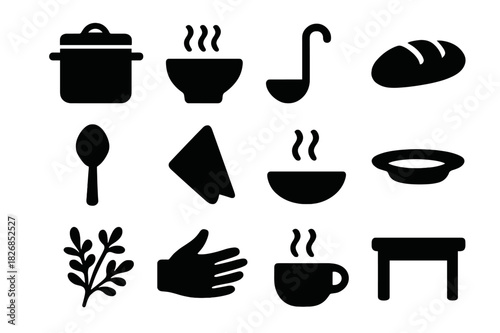 Soup Kitchen Icons. Soup Kitchen. Solid icon set of Soup Kitchen: soup pot, bowl, ladle, bread, spoon, napkin, steam, plate, herbs, hand, cup, table. Filled