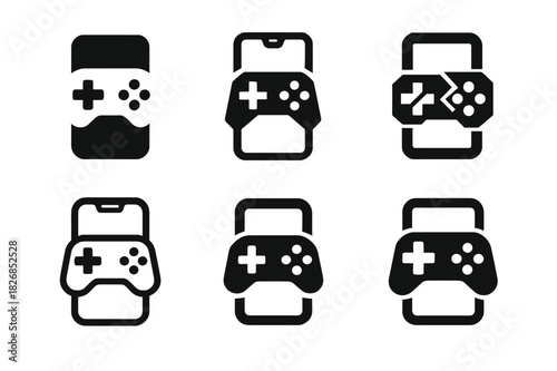 Mobile Game Logo Variations. Playing a mobile game on the go. Icon set. Set Logo of mobile gaming: smartphone with joystick overlay. harmonious logo variations