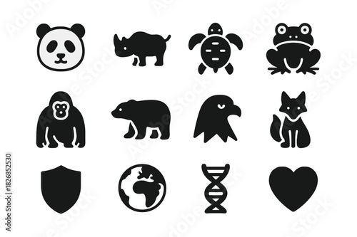 Endangered Species Icons. Endangered species protection. Solid icon set of endangered species protection: panda, rhino, sea turtle, frog, orangutan, polar