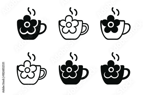 Edible Flower Logos. Cooking with edible flowers. Icon set. Set Logo of cooking with edible flowers: flower-infused beverage. harmonious logo variations of the