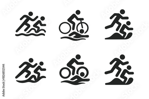 Triathlon Icon Set. Triathlon. Icon set. Set Logo of triathlon: minimal three-sport icons. harmonious logo variations of the same emblematic concept, each with