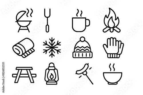 Winter Barbecue Icons. Outdoor Winter Barbecue. Line icon set of Outdoor Winter Barbecue: grill with smoke, barbecue fork, hot drink mug, fire pit, wool