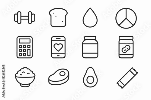 Macros Tracking Icons. Macros tracking. Line icon set of macros tracking: protein icon, carb icon, fat icon, pie chart, macro calculator, fitness app, whey