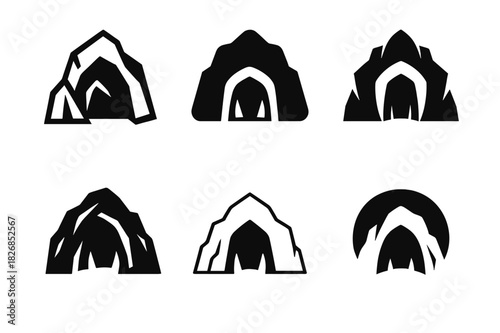 Lair Logo Variations. Lair. Icon set. Set Logo of lair: predator?s hideout. harmonious logo variations of the same emblematic concept, each with different