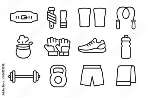 CrossFit Gear Icons. CrossFit gear. Line icon set of CrossFit gear: lifting belt, wrist wraps, knee sleeves, jump rope, chalk bag, gloves, gym shoes, water