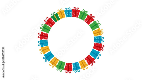 Circular frame of colorful gift boxes, creating a festive and celebratory border for holidays and special occasions