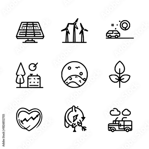 Set of nine black line icons representing green energy and ecology