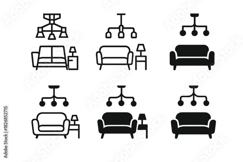 Modern Home Design Icons. Interior design for modern homes. Icon set. Set Logo of interior design for modern homes: modern chandelier above contemporary