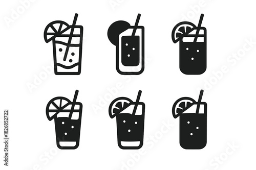 Cocktail Mixing Icons. Cocktail mixing. Icon set. Set Logo of cocktail mixing: muddler and glass. harmonious logo variations of the same emblematic concept