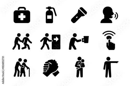 Emergency Assistance Icons. Emergency help. Solid icon set of emergency help: first aid kit, fire extinguisher, flashlight, calling for help, helping injured